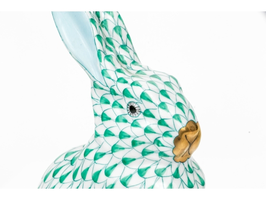 Herend Hungary Hand-Painted Porcelain Rabbit Figure, Green Fishnet Pattern