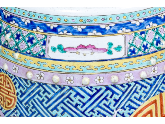 Two Chinese Famille Rose Enameled Porcelain Garden Stools