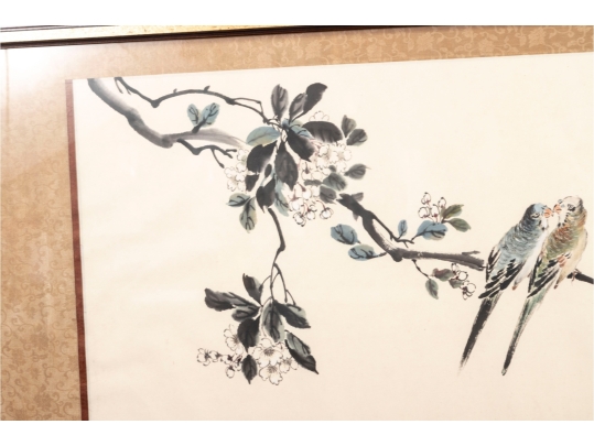 Large Chinese Ink And Watercolor Painting Of Birds On A Branch