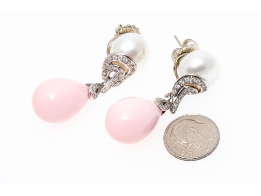 14k Yellow Gold Stunning White South Sea Pearl And Pink Peach Coral Drop Earrings