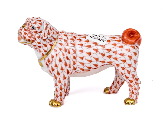 Herend Hungary Hand-Painted Porcelain Bulldog, Rust Fishnet Pattern, First Edition