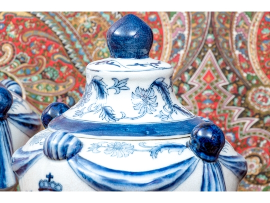 Pair Of Decorative Chinese Export Armorial Lidded Urns
