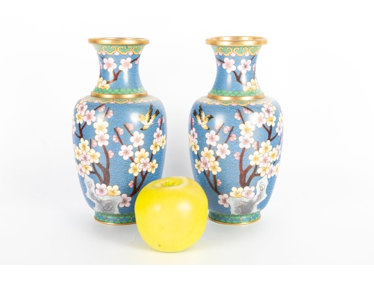Pair Of Vintage Chinese Cloisonné Enamel Vases With Cherry Blossom Motif