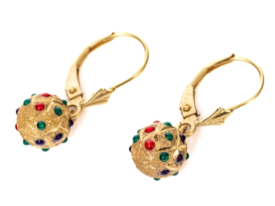14k Yellow Gold Striking Colorful Decorated Sandblasted Ball Drop Pendant Earrings