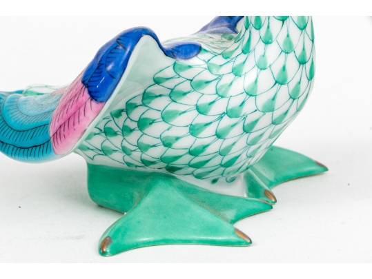 Herend Hungary Hand-Painted Porcelain Goose Figure, Green Fishnet Pattern With Polychrome Wings
