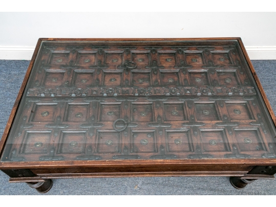 Antique Eastern Wood And Iron Heavy Door Mounted As A Table