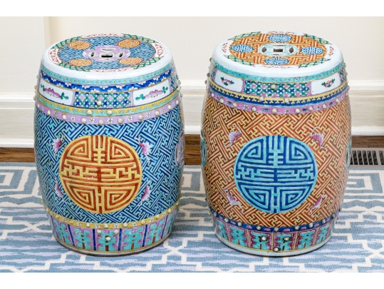 Two Chinese Famille Rose Enameled Porcelain Garden Stools