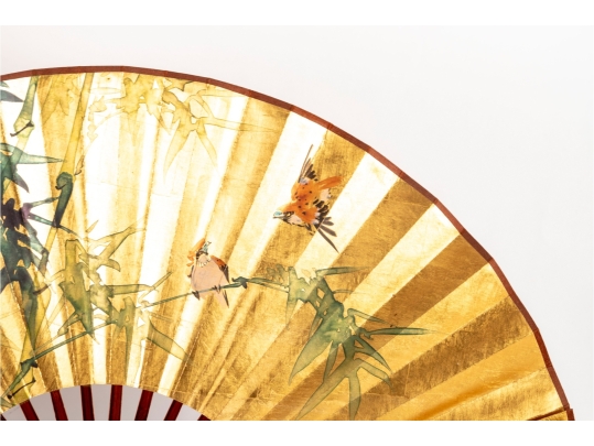 Pair Of Japanese Gilt Folding Fans On Stands