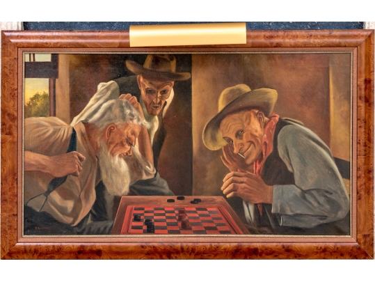 A. Lorenz Signed Oil On Canvas, Men Playing Checkers