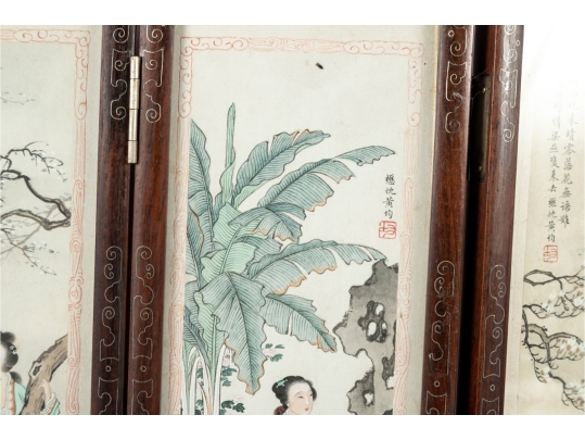 Vintage Chinese Folding Table Screen With Hand-Painted Scenes
