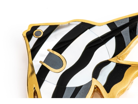 Tiffany & Co. 18k Yellow Gold Angela Cummings Stunning Inlaid Angel Fish Brooch, With Box