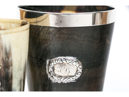 Antique English Collection Of Three Carved Horn Horn Cups, Sterling Mounted 