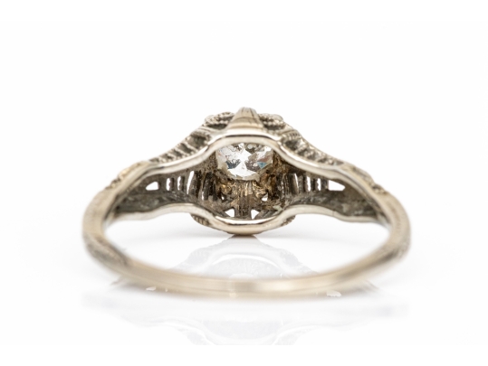 18k White Gold Vintage Filigree And Diamond Ring, App. 0.28 CTS, Size 6.5