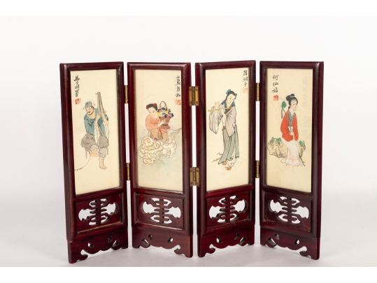 Chinese Hand-Painted Framed Silk Paintings Folding Table Screen