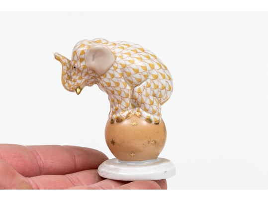 Herend Hungary Hand-painted Porcelain Circus Elephant On Ball, Butterscotch Fishnet Pattern