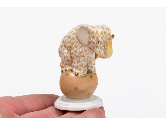 Herend Hungary Hand-painted Porcelain Circus Elephant On Ball, Butterscotch Fishnet Pattern