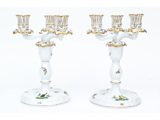 Pair Of Herend Hand-Painted Porcelain Convertible 3-Light Candelabra, Rothschild Bird (RO) Pattern