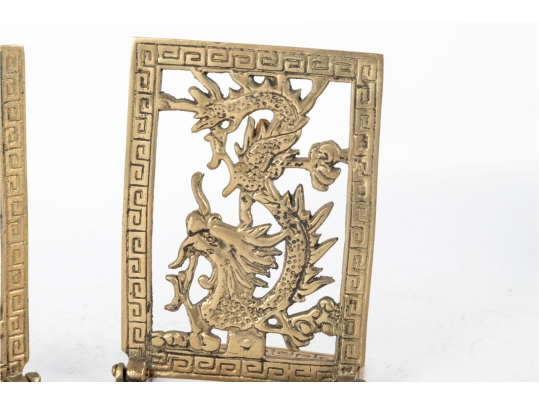 Pair Of Vintage Brass Dragon Motif Folding Bookends