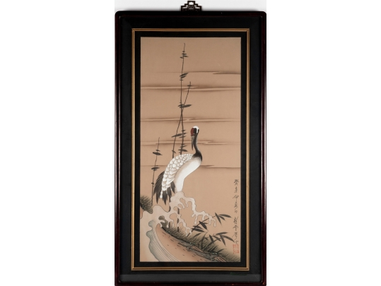 Pair Of Framed Asian Paintings On Silk Of Cranes