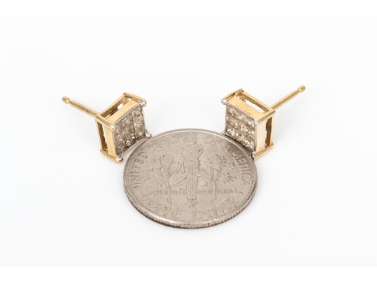 14k Yellow Gold Handsome Pair Of Princess Cut Diamond Cluster Earrings, App. 0.54 TCW