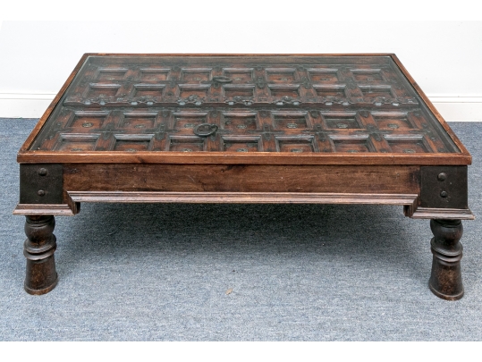 Antique Eastern Wood And Iron Heavy Door Mounted As A Table