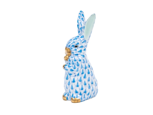 Herend Hungary Hand-Painted Porcelain Bunny Figure, Blue FIshnet Pattern