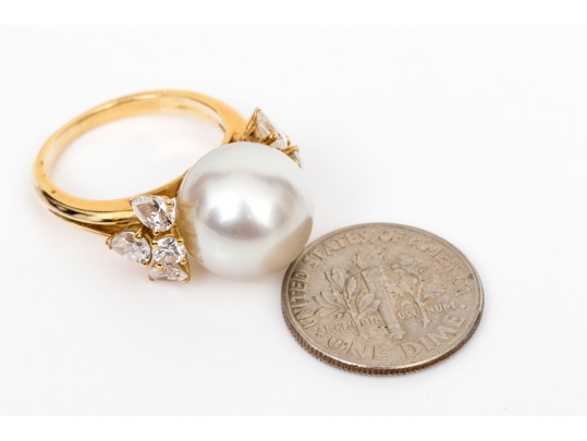 Fred 18k Yellow Gold Magnficent Vintage South Sea Cultured Pearl And Diamond Ring, Size 5.75
