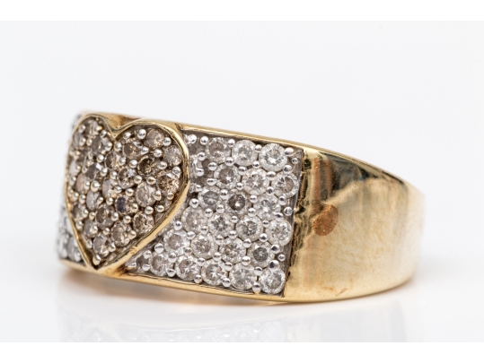 10k Yellow Gold Fun Brown And White Pave Diamond Heart Motif Ring, App. 0.98 TCW, Size 6.75+