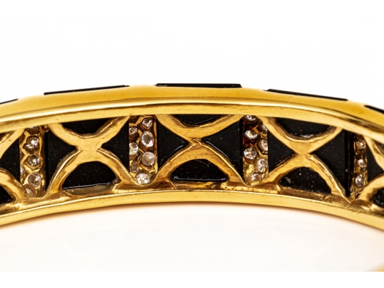 La Triomphe 18k Yellow Gold Stunning Vintage Black Onyx And Pave Diamond Bangle Bracelet