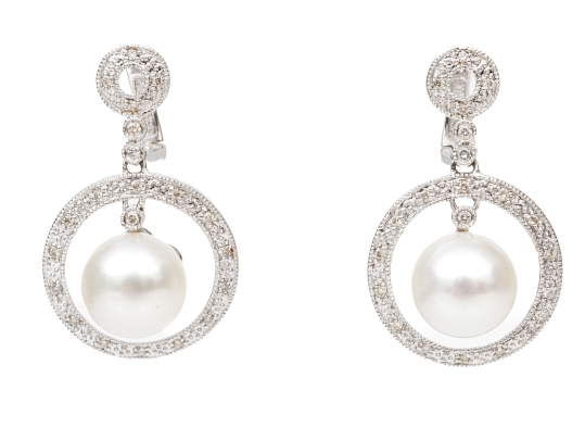 14k Impactful Saturn Style Diamond And Cultured Freshwater Pearl Drop Earrings, 0.28 TCW