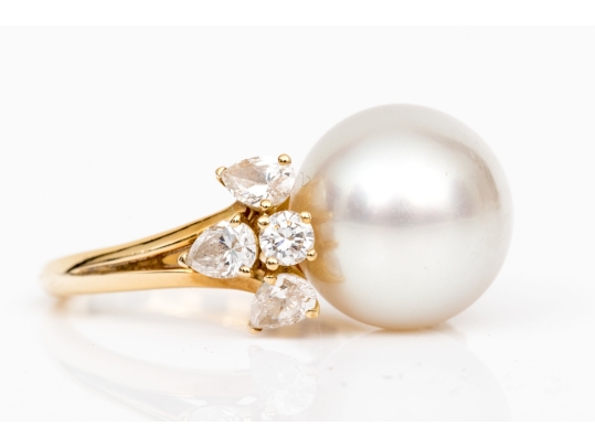 Fred 18k Yellow Gold Magnficent Vintage South Sea Cultured Pearl And Diamond Ring, Size 5.75