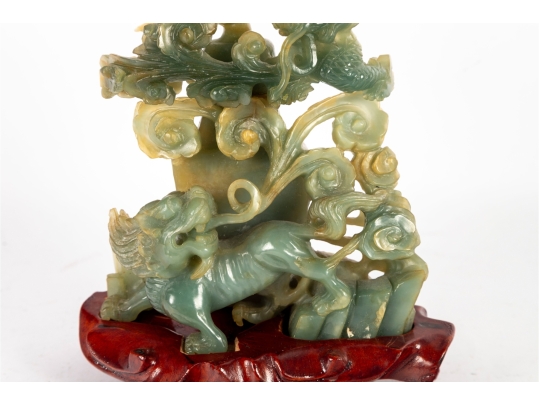 Carved Green Jade Dragon And Qilin Sculpture On Wood Base