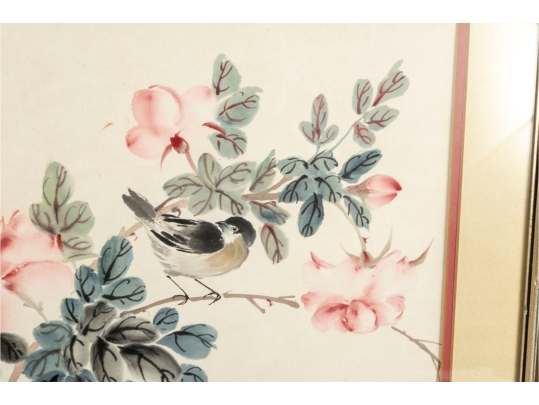Framed Asian Watercolor Painting Of Birds And Blossoms
