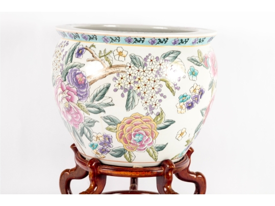 Mid-20th Century Chinese Famille Rose Porcelain Fish Bowl With Wooden Stand