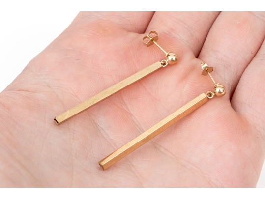 10k Yellow Gold Contemporary Ball And Bar Drop Pendant Style Earrings
