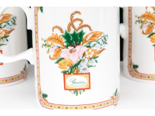 Gucci Vintage Set Of Six Bone China Christmas Themed Mugs, Boxed