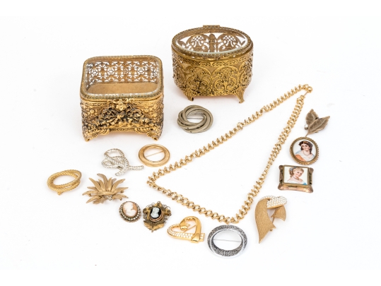 Collection Of Fashion And Limoge Brooches, Necklace And Two Jewelry Boxes