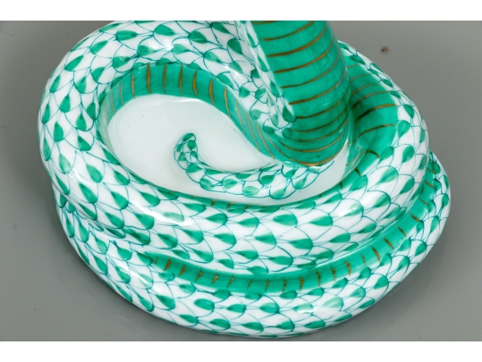 Herend Hungary Hand-Painted Porcelain Cobra, Green Fishnet Pattern