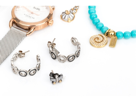 Coach Collection Of Jewelry And Fashion Pieces, Including A Belt Buckle, Boxed, And A Sterling Ring