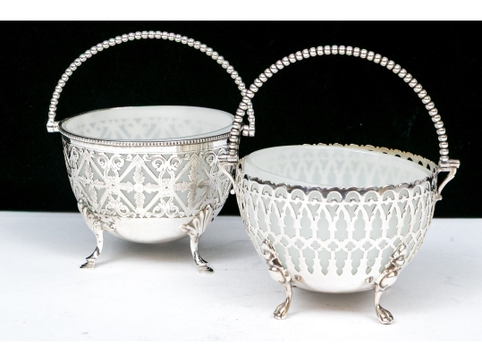 Compatible Pair Of Antique Sterling Silver And Silverplate With White Opaline Glass Baskets