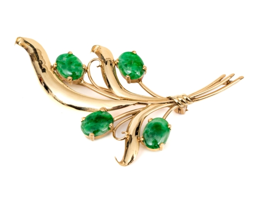 Yellow Gold Striking Vintage Nephrite Jade Spray Foliate Brooch