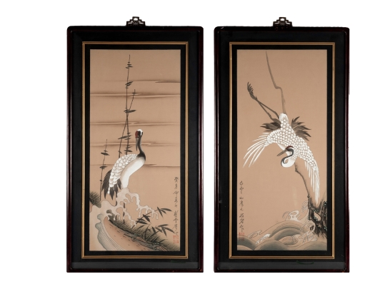 Pair Of Framed Asian Paintings On Silk Of Cranes