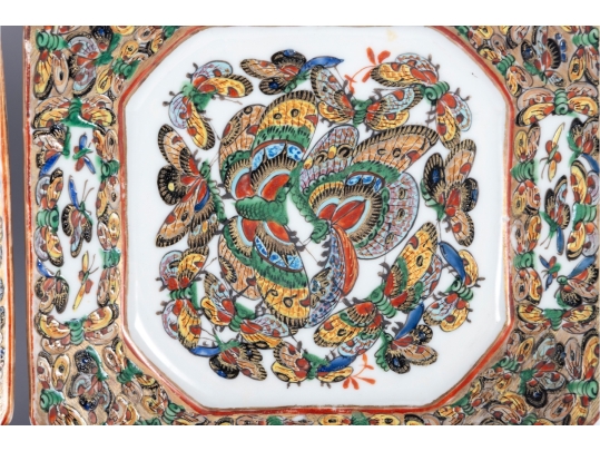Pair Of Chinese Famille Rose “Hundred Butterflies” Octagonal Plates