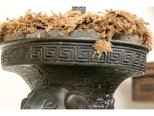 Pair Of Bronze Twin Handled Vases With Topiaries