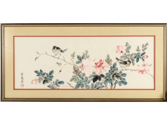 Framed Asian Watercolor Painting Of Birds And Blossoms