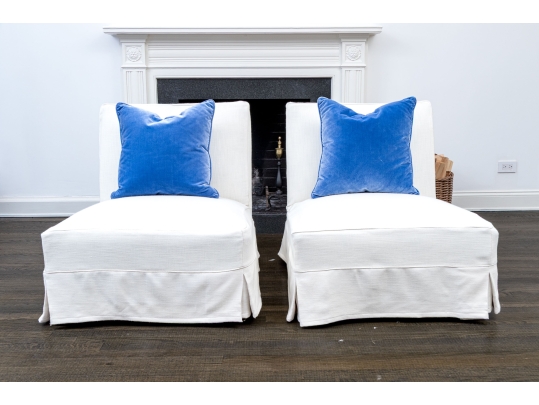 Attrib. Ralph Lauren Pair Of Slipcovered Mohair Upholstered Slipper Chairs