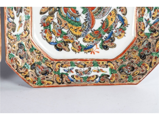 Pair Of Chinese Famille Rose “Hundred Butterflies” Octagonal Plates