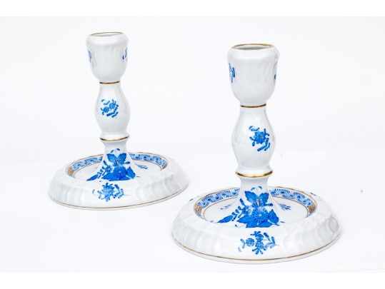 Pair Of Herend Hungary Hand-Painted Porcelain Candlesticks, Blue Chinese Bouquet Pattern