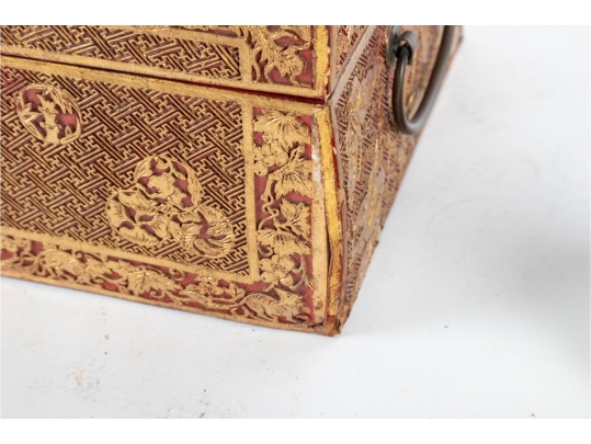Antique Chinese Red And Gilt Lacquered Wood Storage Box With Brass Hardware