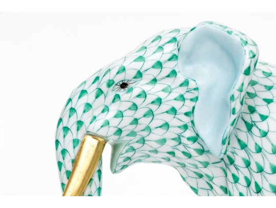 Herend Hungary Porcelain Elephant Figure, Green Fishnet Pattern